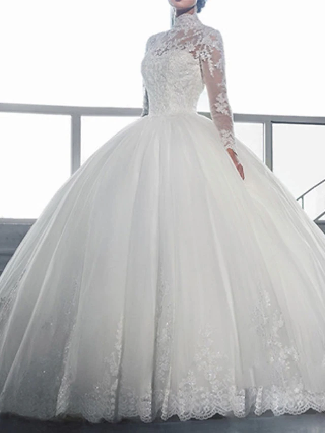 Engagement Formal Wedding Dresses Ball Gown High Neck Long Sleeve Sweep ...