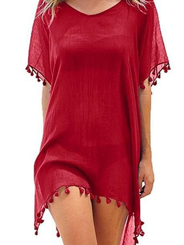 Womens Clothing Womens Swimwear | Womens Swimwear Cover Up Beach Dress Normal Swimsuit Ruffle Solid Color Wine Red Green White B