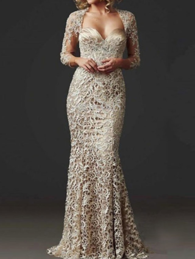  Mermaid / Trumpet Mother of the Bride Dress Elegant Sweetheart Neckline Floor Length Lace 3/4 Length Sleeve with Lace 2022