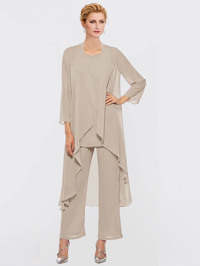  Pantsuit / Jumpsuit Mother of the Bride Dress Plus Size Elegant Bateau Neck Floor Length Chiffon Sleeveless with Sash / Ribbon Appliques 2022