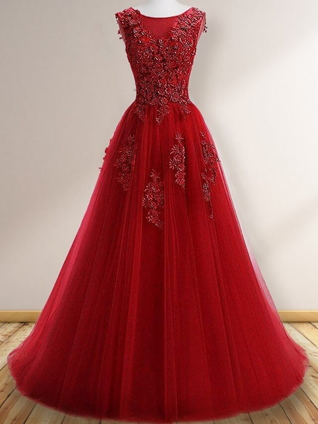 A-Line Prom Party Dress See Through Dress Formal Prom Sweep / Brush Train Sleeveless Sweetheart Tulle Backless with Beading Slit Appliques main image 1