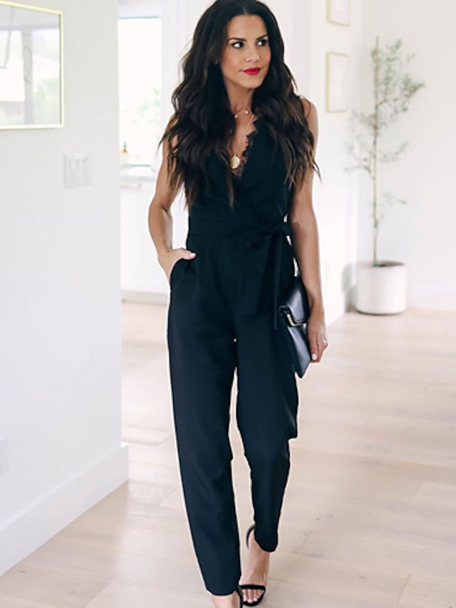Women's Elegant Casual V Neck Black Slim Jumpsuit Solid Color Lace 2024 ...