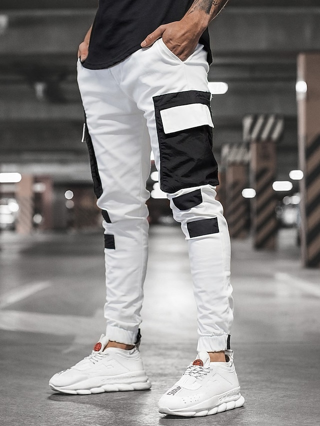  Men's Joggers Pants Sweatpants Drawstring Patchwork Elastic Waist Sporty Casual Casual Daily Micro-elastic Cotton Blend Outdoor Sports Color Block Mid Waist non-printing White Black Gray M L XL