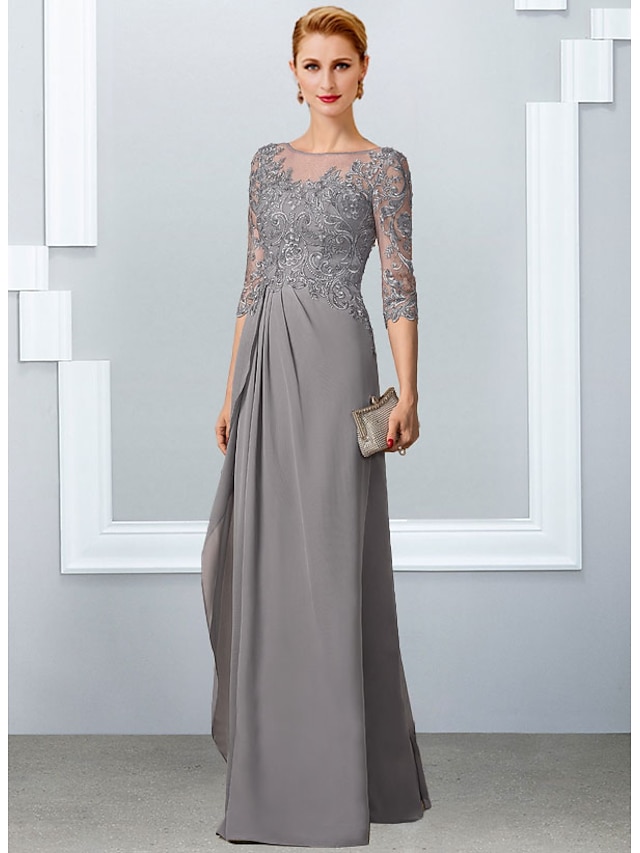  A-Line Mother of the Bride Dress Elegant Jewel Neck Floor Length Chiffon Lace Half Sleeve with Appliques 2024