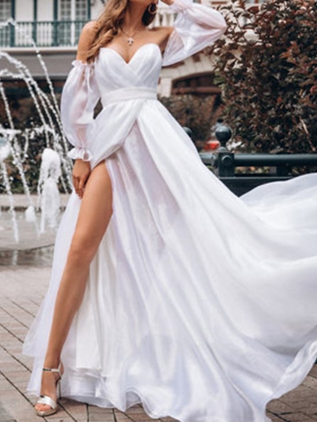 Hall Casual Wedding Dresses A-Line Off Shoulder Long Sleeve Court Train ...