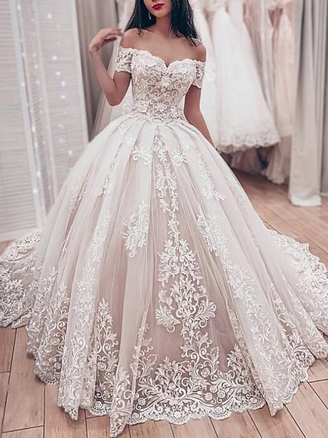  Engagement Formal Fall Wedding Dresses Ball Gown Off Shoulder Cap Sleeve Chapel Train Lace Bridal Gowns With Pleats Appliques 2023 Summer Wedding Party, Women‘s Clothing