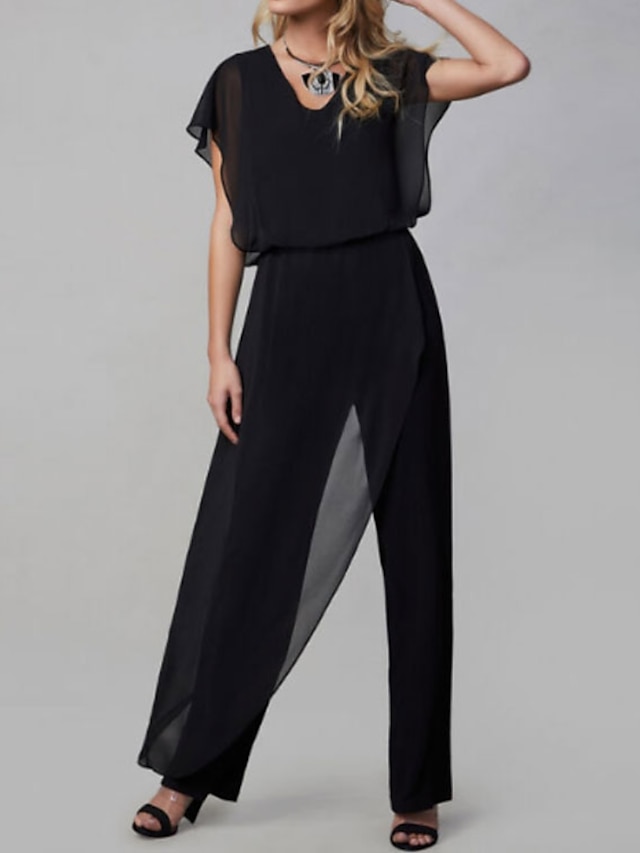  Jumpsuit / Pantsuit Mother of the Bride Dress Wedding Guest Jumpsuits V Neck Ankle Length Chiffon Short Sleeve with Ruching 2024