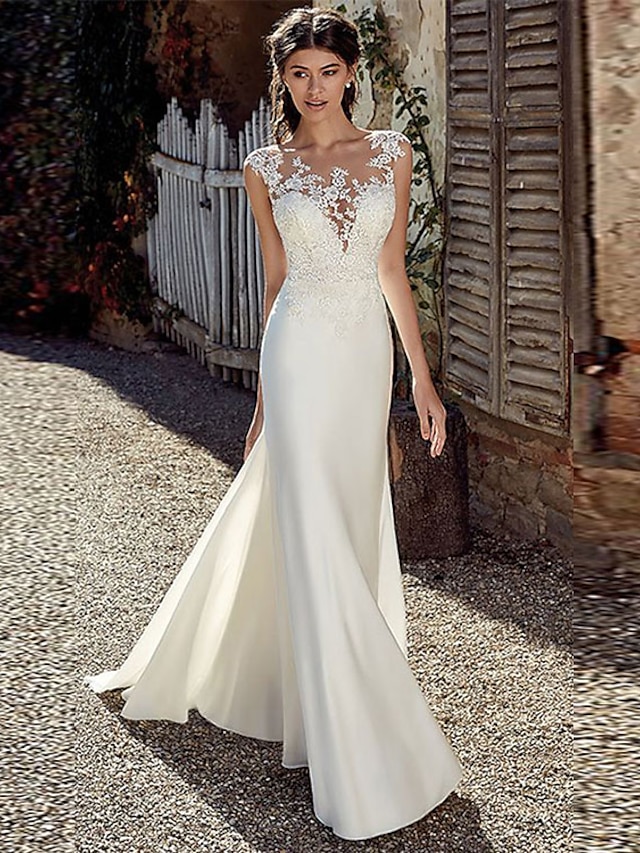  Beach Open Back Wedding Dresses Mermaid / Trumpet Illusion Neck Cap Sleeve Court Train Chiffon Bridal Gowns With Appliques 2023