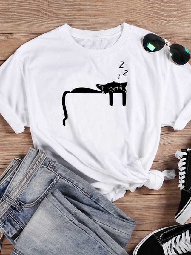  Women's T shirt Tee Designer Hot Stamping Cat Design Short Sleeve Round Neck Daily Print Clothing Clothes Designer Basic White Black