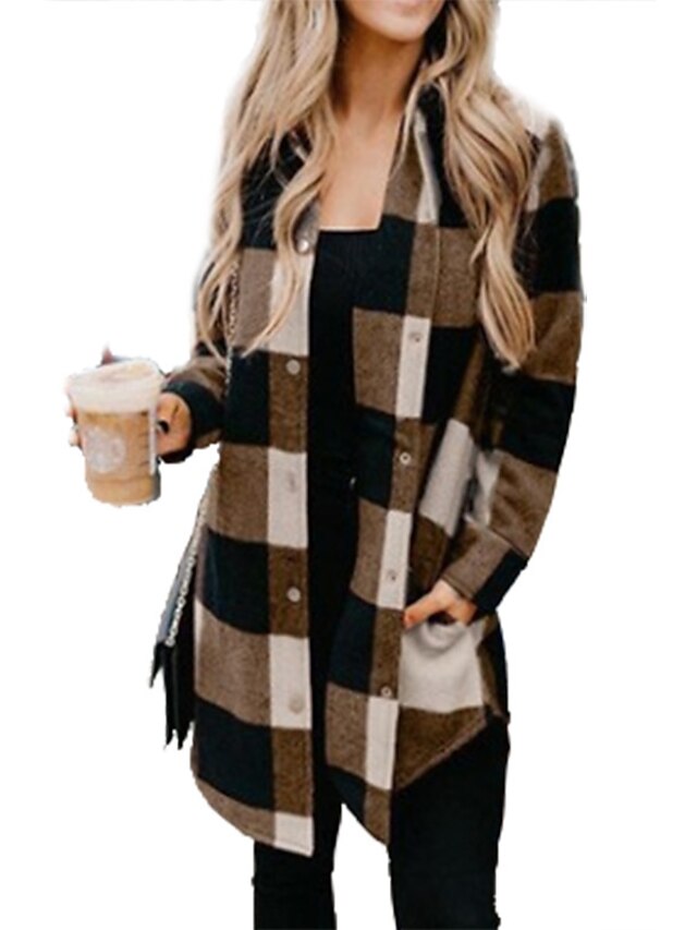  Women's Coat Causal Holiday Daily Wear Fall Spring Summer Long Coat Loose Chic & Modern Jacket Long Sleeve Plaid / Check Classic -yellow -blue -black