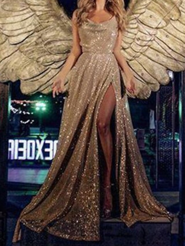  Sheath / Column Sparkle Sexy Wedding Guest Formal Evening Dress Scoop Neck Sleeveless Floor Length Sequined with Sequin Slit 2022