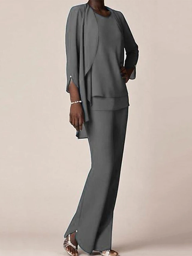 3 piece Pantsuit Mother of the Bride Wedding Guest Elegant V Neck Floor Length Chiffon 3/4 Length Sleeve with Ruffles 15