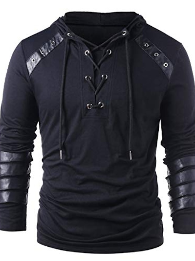 Mens Clothing Mens Hoodies & Sweatshirts | mens hooded jacket men winter drawstring vintage leather patchwork long sleeve hooded