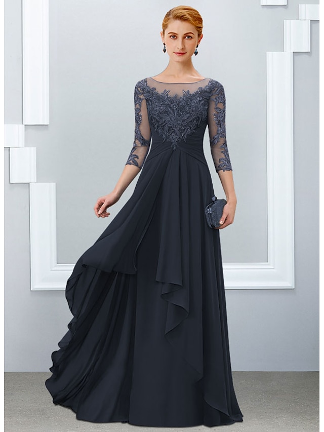 A-Line Mother of the Bride Dress Elegant Jewel Neck Floor Length ...