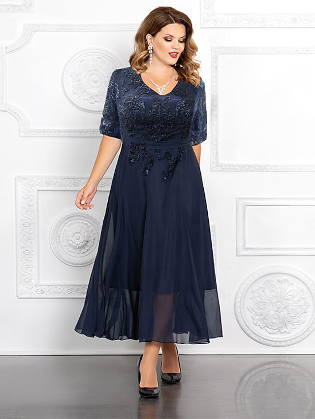  A-Line Mother of the Bride Dress Elegant Plus Size V Neck Ankle Length Chiffon Sequined Half Sleeve with Appliques 2023