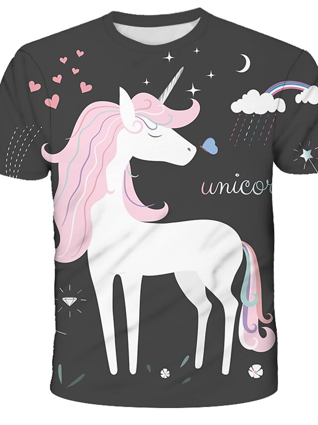  Kids Boys' T shirt Tee Short Sleeve Unicorn Graphic Color Block 3D Animal Print Dark Gray Children Tops Summer Active