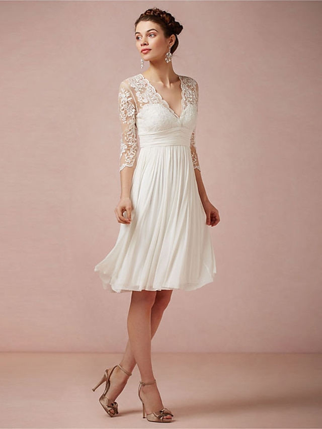  A-Line Wedding Dresses V Neck Knee Length Chiffon Lace 3/4 Length Sleeve Romantic Beach Little White Dress Illusion Sleeve with Ruched 2022