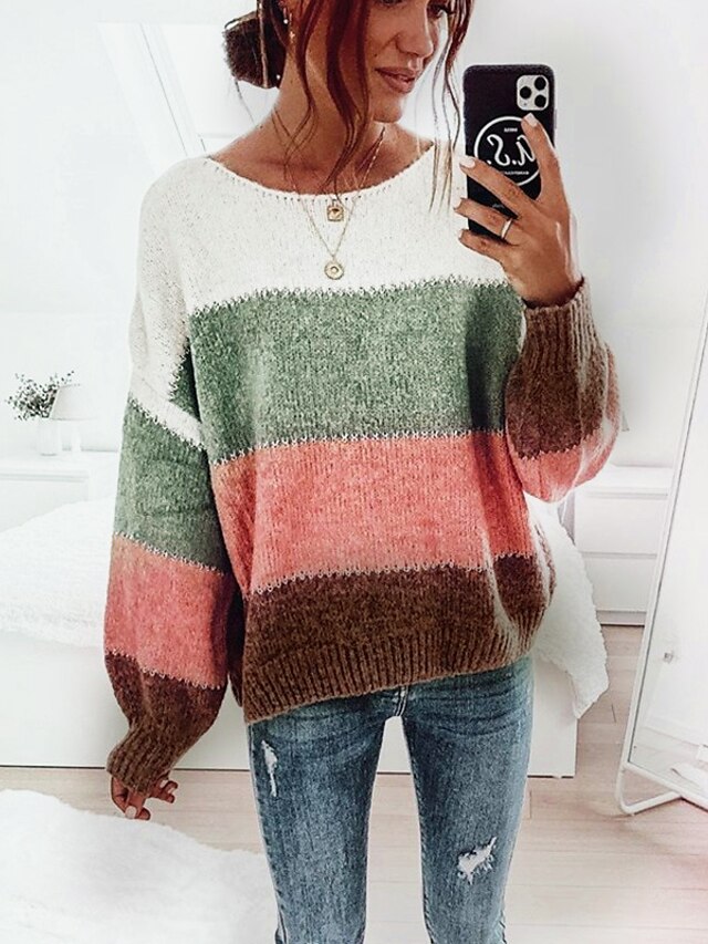 Womens Clothing Sweaters & Cardigans | Womens Pullover Jumper Knit Knitted Striped Crew Neck Basic Fall Winter Black Wine S M L 