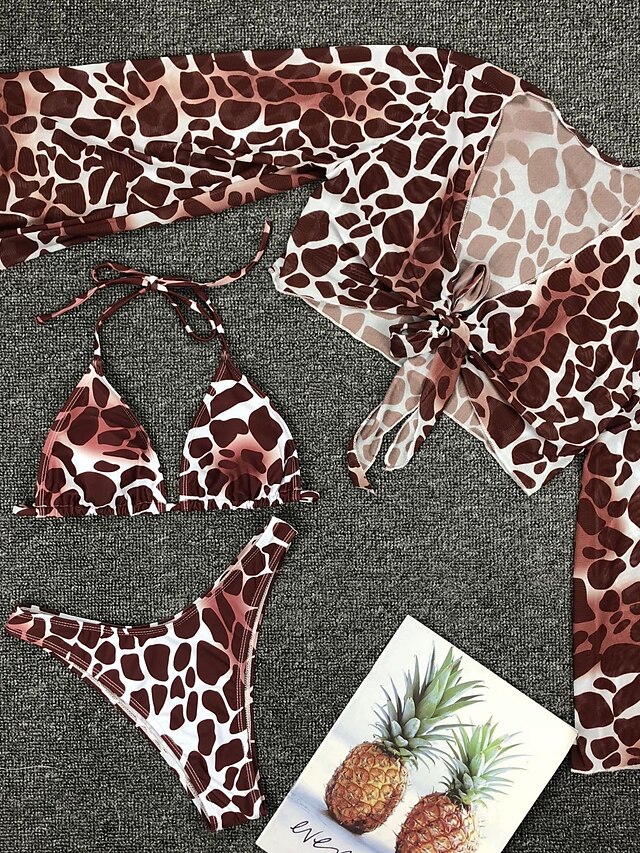 Womens Clothing Womens Swimwear | Womens Swimwear Bikini Cover Up Set Normal Swimsuit 3-Piece Print Leopard Print Tie Dye Green 