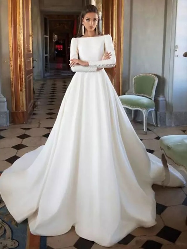  Formalny Suknie ślubne Balowa Łódeczka Długi rękaw Tren w stylu sądowym Satyna Suknie ślubne Z Guziki Plisy 2024