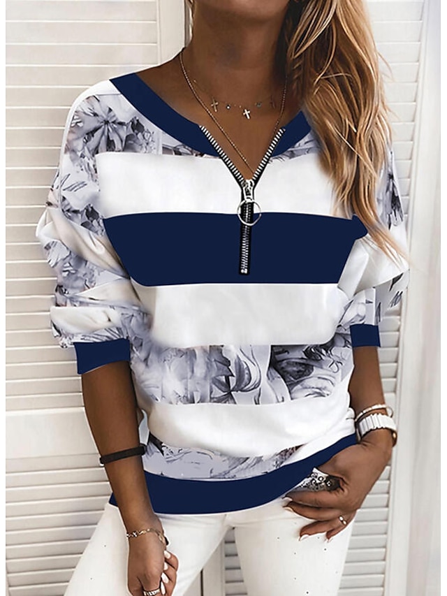  Women's Blouse Striped Color Block Daily Blouse Shirt Long Sleeve Print V Neck Loose Blue Pink Yellow S