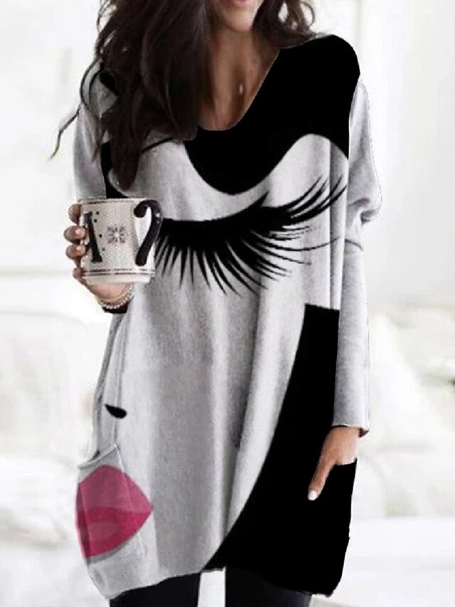  Women's Shift Dress Knee Length Dress Black Long Sleeve Print Print Winter Fall Autumn V Neck Casual Winter Dress Fall Dress Loose Fit 2022 S M L XL XXL 3XL