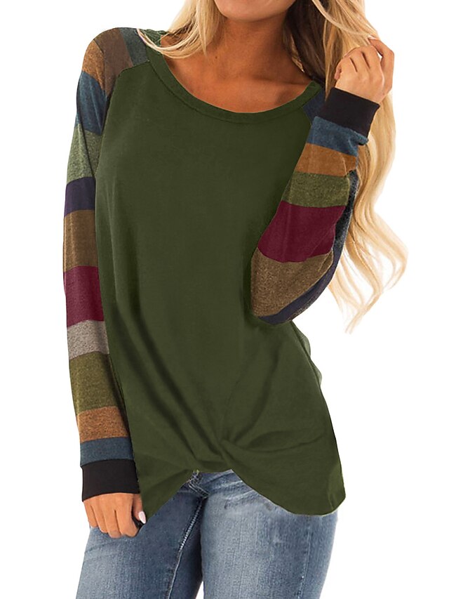 Womens Clothing Womens Tops | Womens Daily T shirt Tee Striped Long Sleeve Print Round Neck Basic Tops Loose Green Black Blue S 