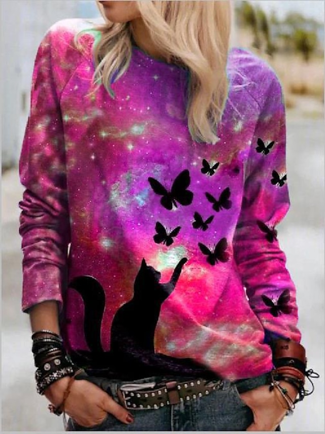 Womens Clothing Womens Tops | Womens Casual Daily T shirt Tee Galaxy Cat Butterfly Long Sleeve Print Round Neck Basic Tops Green