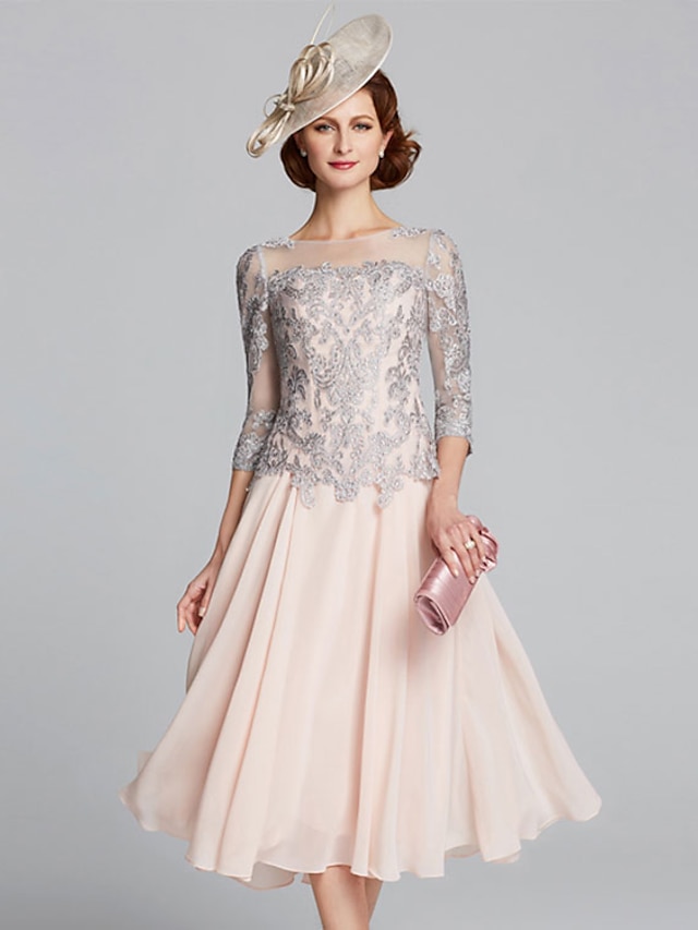  A-Line Mother of the Bride Dress Elegant Plus Size Sexy Jewel Neck Tea Length Chiffon Lace 3/4 Length Sleeve with Beading 2024