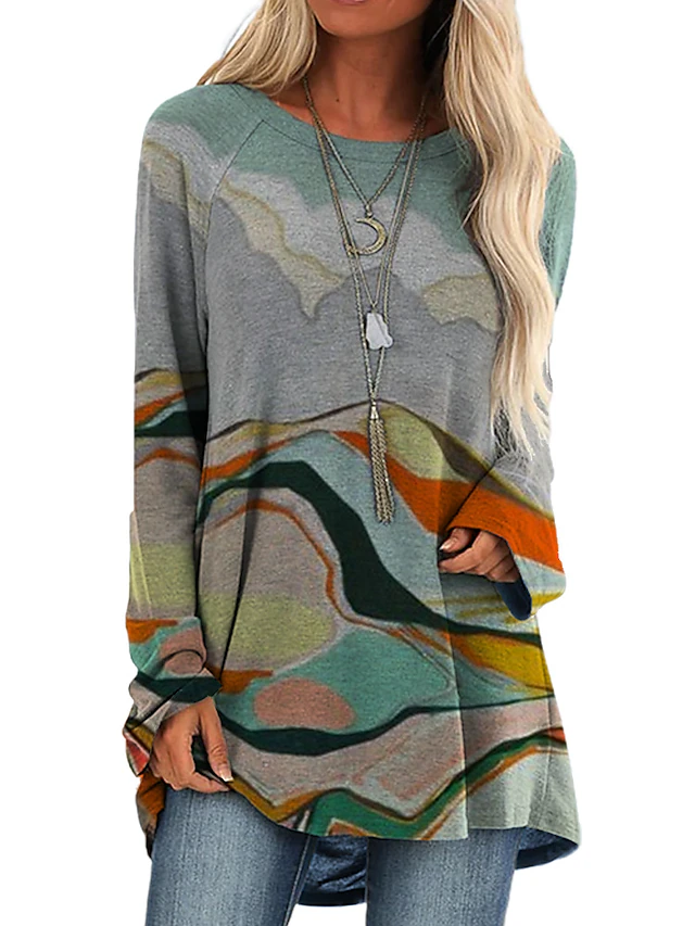 Women's Shirt Tunic Blouse Abstract Daily Gray Print Long Sleeve Round ...