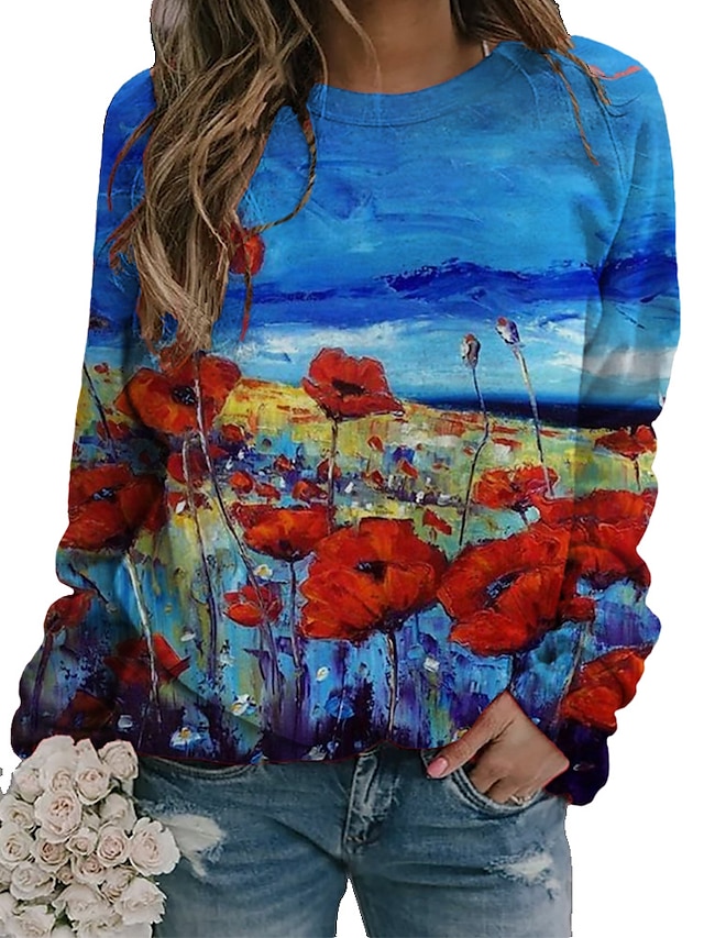  Women's Hoodie Sweatshirt Pullover Casual Green Blue Purple Graphic Floral Scenery Loose Fit Daily Round Neck Long Sleeve S M L XL XXL / 3D Print