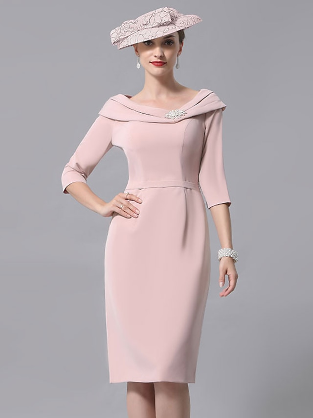  Sheath / Column Mother of the Bride Dress Vintage Plus Size Elegant Scoop Neck Knee Length Jersey 3/4 Length Sleeve with Beading Crystal Brooch 2023