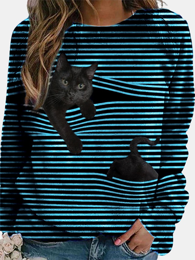  Per donna maglietta A strisce Giornaliero maglietta Manica lunga Collage Rotonda Essenziale Largo Nero Blu Giallo S / Stampa 3D
