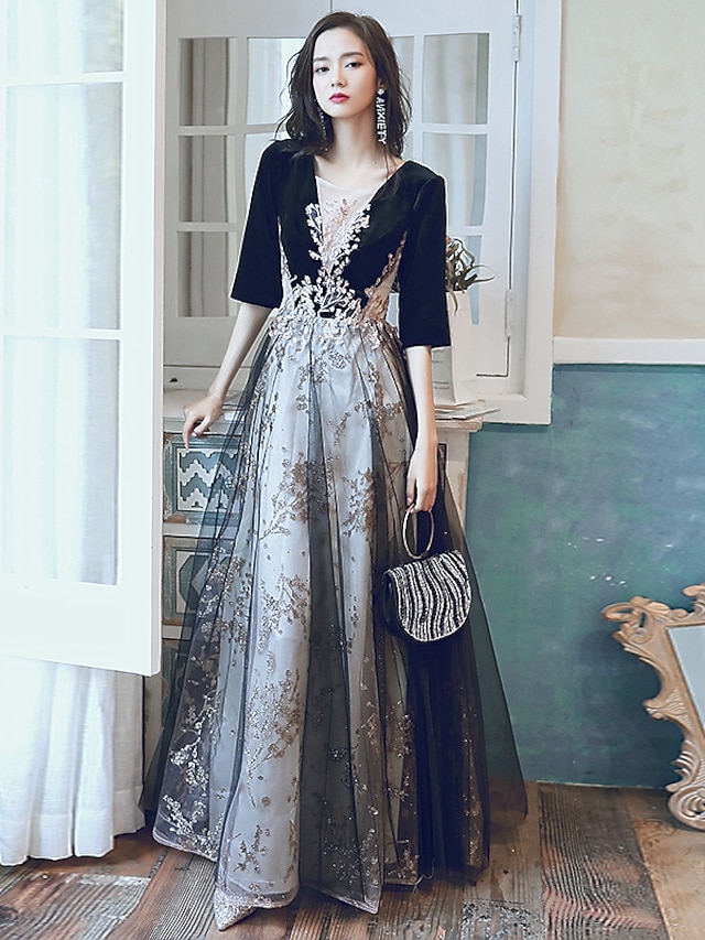  A-Line Evening Gown Glittering Dress Wedding Guest Party Wear Floor Length Half Sleeve Illusion Neck Velvet with Sequin Appliques 2024