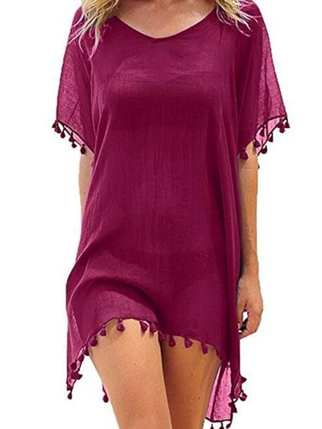 Womens Clothing Womens Swimwear | Womens Swimwear Cover Up Beach Dress Normal Swimsuit Ruffle Solid Color Wine Red Green White B