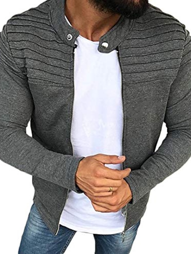  mens long sleeve striped pleated coat solid color cardigan jacket zip up outwear (grey, m)