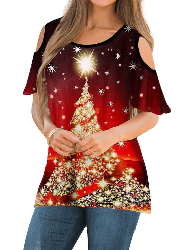 Women's Shirt Blouse Christmas Shirt Graphic Christmas Tree Red Blue ...