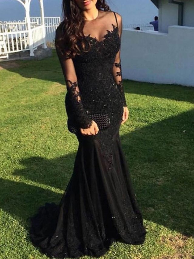  Mermaid Black Dress Evening Gown Sequin Prom Dress Sparkle Formal Gown Sweep / Brush Train Long Sleeve Illusion Neck Lace with Appliques 2024
