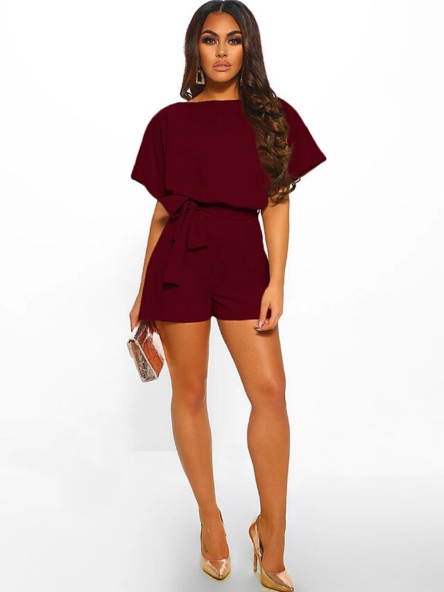 Womens Clothing Womens Jumpsuits & Rompers | Womens Romper Solid Color Basic Daily Wear Regular Fit Short Sleeve Wine Red Aprico