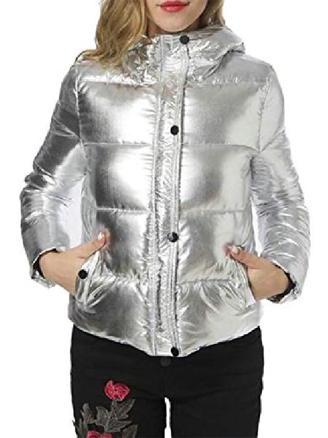  womens pocket puffer casual metallic hoodid quilted down outerwear coats jacket silver m