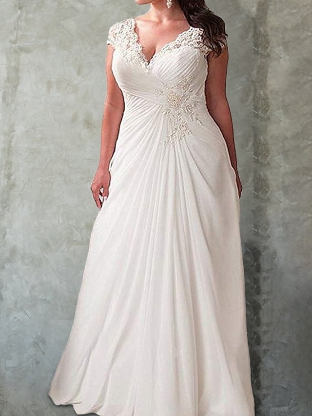  Open Back Plus Size Curve Wedding Dresses A-Line V Neck Cap Sleeve Sweep / Brush Train Chiffon Bridal Gowns With Ruched Appliques 2024