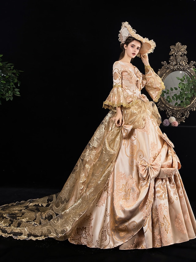  Rococo Victorian 18th Century Dress Party Costume Masquerade Women's Lace Cotton Costume Golden Vintage Cosplay Party Prom Long Sleeve Floor Length Long Length Ball Gown / Hat / Petticoat / Floral
