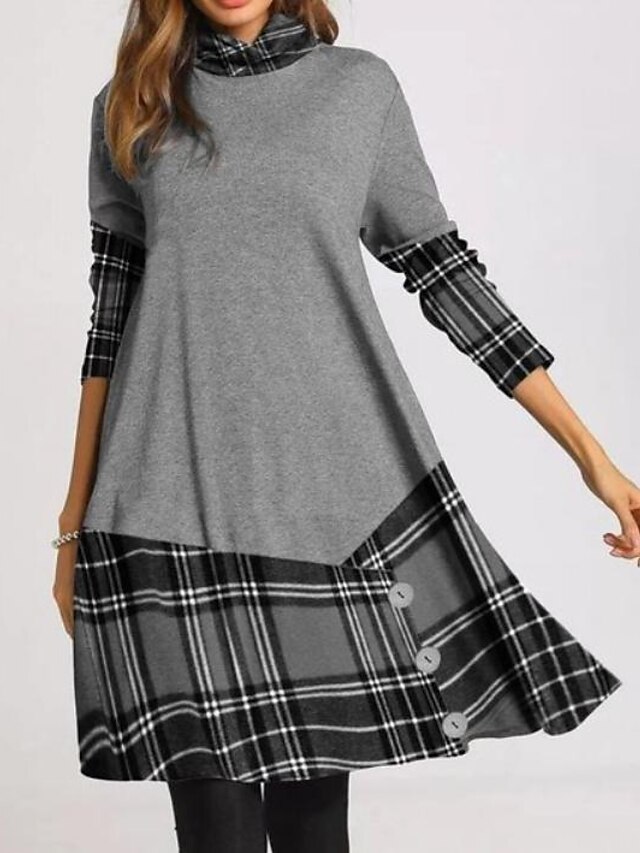 Womens Clothing Womens Dresses | Womens A Line Dress Knee Length Dress Gray Long Sleeve Plaid Color Block Patchwork Print Fall W