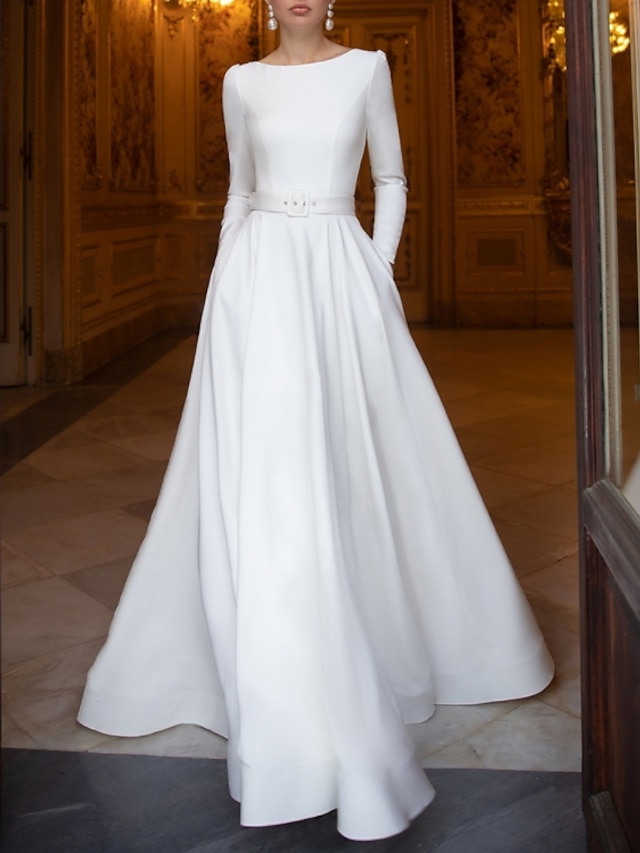Hall Casual Wedding Dresses A-Line Jewel Neck Long Sleeve Floor Length ...