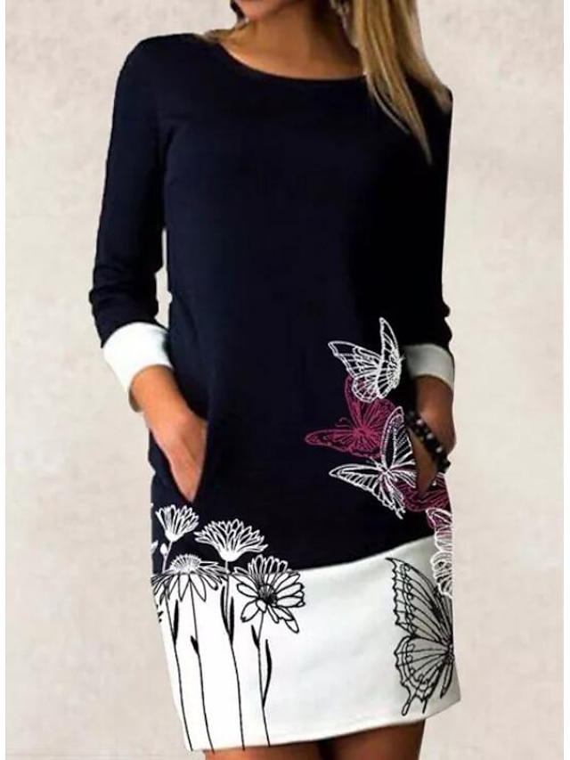 Womens Clothing Womens Dresses | Womens Sheath Dress Knee Length Dress Black Navy Blue Long Sleeve Floral Fall Spring Round Neck