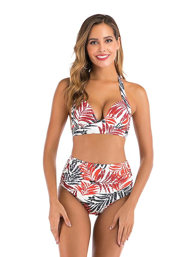 Womens Clothing Womens Swimwear | Womens Swimwear Bikini 2 Piece Plus Size Swimsuit High Waist Push Up for Big Busts Print Solid