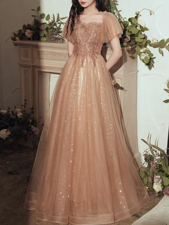  a-line festklänning glittrande elegant bröllopsgäst formell aftonklänning urringad kortärmad golvlängd tyll med veck paljett 2024