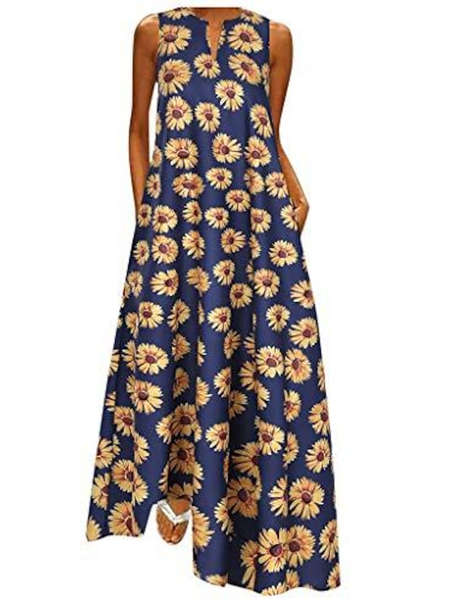 Womens Clothing Womens Dresses | Womens Swing Dress Maxi long Dress Black Navy Blue Sleeveless Sunflower Print Spring Summer Y N