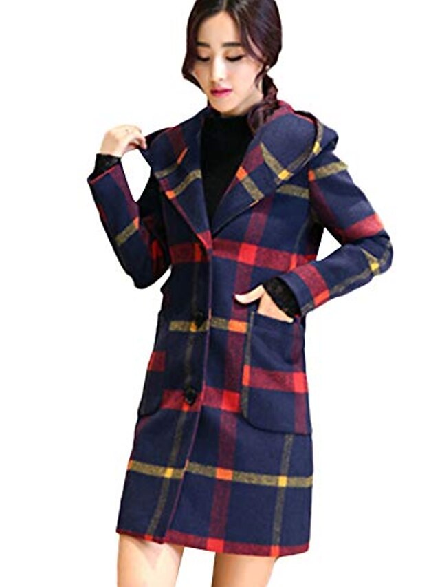 Women Long Sleeve Hooded Plaid Button 