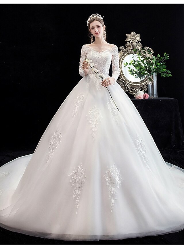  Princess Ball Gown Wedding Dresses Jewel Neck Court Train Lace Tulle Long Sleeve Formal Romantic Luxurious with Appliques 2022